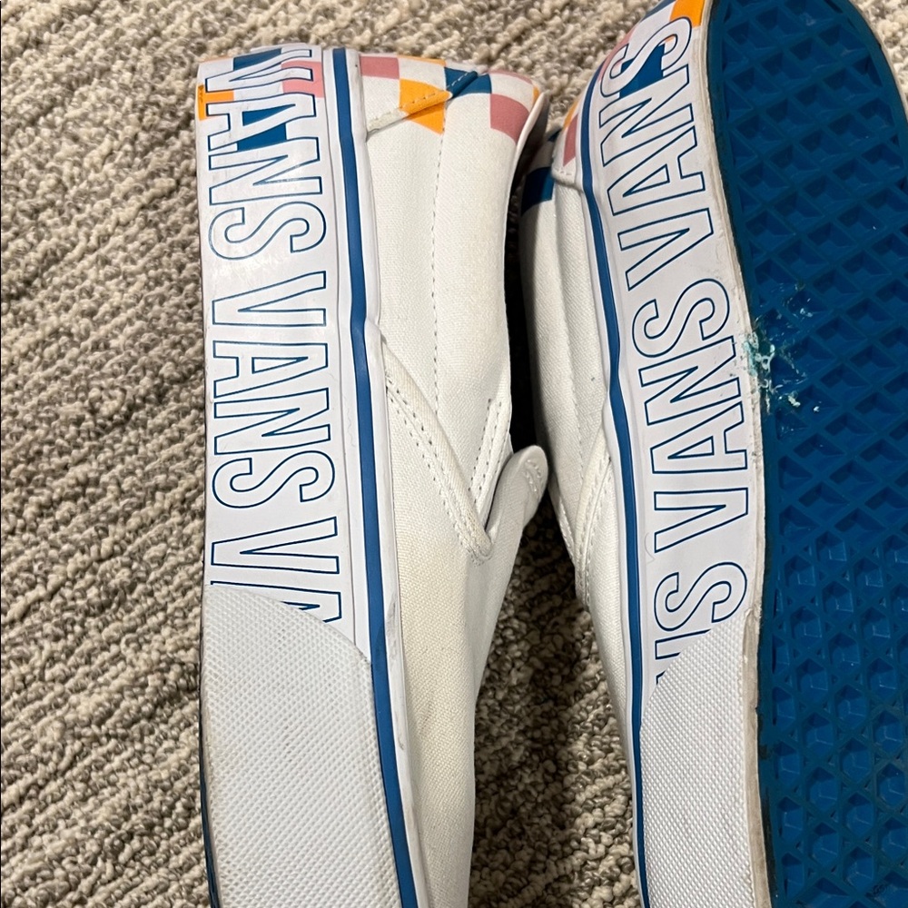 Vans White Slip-On Sneakers with Multicolor Checker Heel - Picture 5 of 6